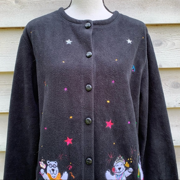 Vintage Black Fleece Polar Bear Appliqué Long Sleeve Button Up Cardigan Sweater - Picture 7 of 16